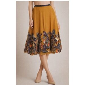 Bahnumi Mustard Mesh Midi Skirt Embroidered Sequin Leaf Applique Boho A-Line
